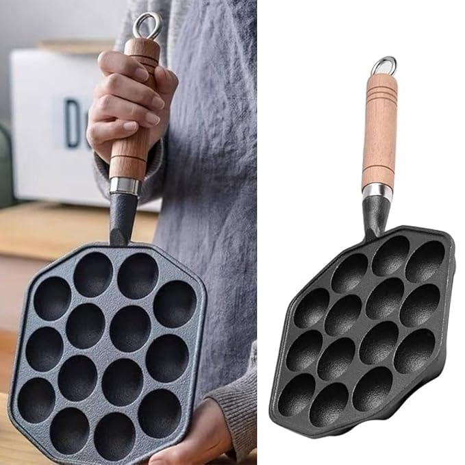 Bitrexup Takoyaki Pan 14 Holes Cast Nonstick Iron Japanese Grill Pan with Detachable Handle Anti Scalding Octopus Meat Balls Maker Easy to Use and Store - Image 2