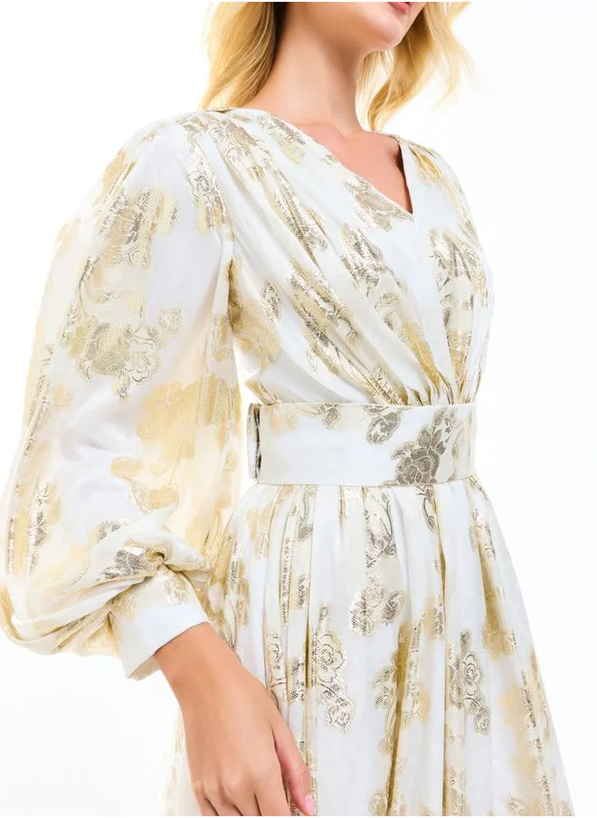 House of Moda Metallic Foil Floral Print Balloon Sleeves Maxi Dress