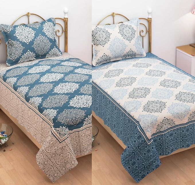 REVERSIBLE 300 TC SINGLE BED BEDSHEET WRINKLE FREE COTTON HEAVY BED SHEETS WITH 1 PILLOW COVER 60 X 90 INCHES AQUA