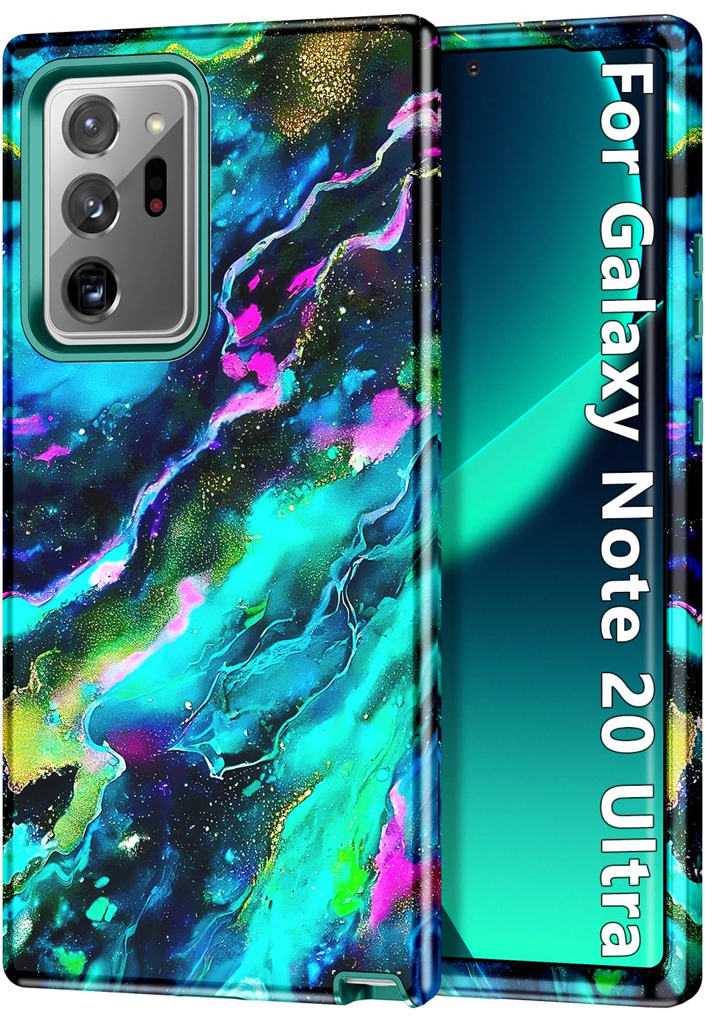 Btscase for Samsung Galaxy Note 20 Ultra Case,Marble Pattern 3 in 1 Heavy Duty Full Body Shockproof Hard PC+Soft Silicone Drop Protective Women Girls Case for Note 20 Ultra 5G 6.9 inch,Cyan Green