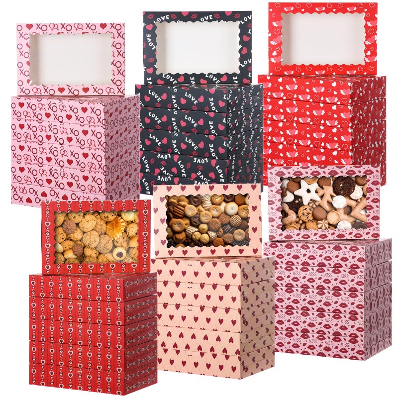 Tenare 48 Pcs Valentine's Day Treat Boxes 12 x 8 x 2.5 Inch Valentines Heart Gift Boxes Bulk with Window for Women Valentine's Gift Giving Chocolate Donut Cupcake Cookie Packaging - Image 1