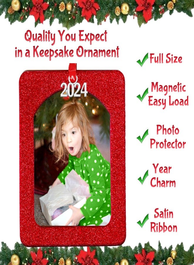Expressly Yours! Photo Expressions 2024 Photo Ornaments for Christmas Tree, Sparkly Glitter Christmas Frame Ornament, Easy-Load Magnetic Design, Includes Satin Ribbon with Silver Charm Plus Photo Protector, Vertical, Green - Image 3