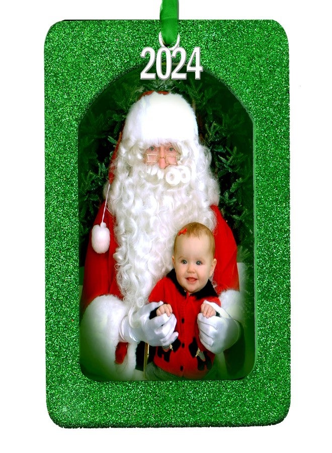 Expressly Yours! Photo Expressions 2024 Photo Ornaments for Christmas Tree, Sparkly Glitter Christmas Frame Ornament, Easy-Load Magnetic Design, Includes Satin Ribbon with Silver Charm Plus Photo Protector, Vertical, Green - Image 2