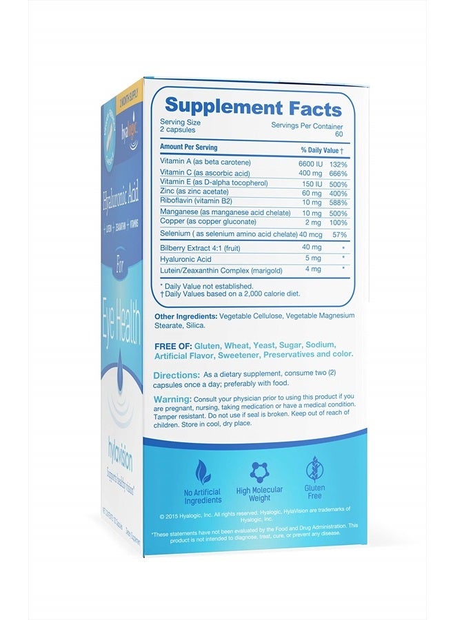 Hyalogic HylaVision Eye Health Supplement - Hyaluronic Acid, Lutein and Zeaxanthin Supplements – Contains Eye Vitamins A, C, E, and Zinc – Soothe Tired Eyes (120 Capsules) - Image 4