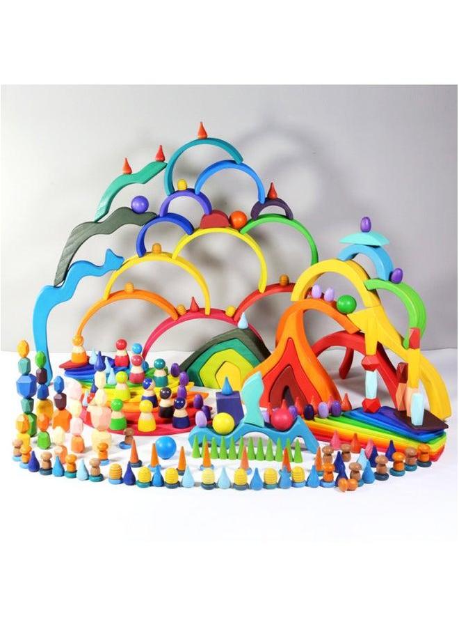 Children's Educational Wooden Rainbow Building Blocks Stacked High And Multi-colored Stone Set Early Education Parent-child Shape Set-Color:Rainbow 11 Pieces Of Semicircle - Image 2
