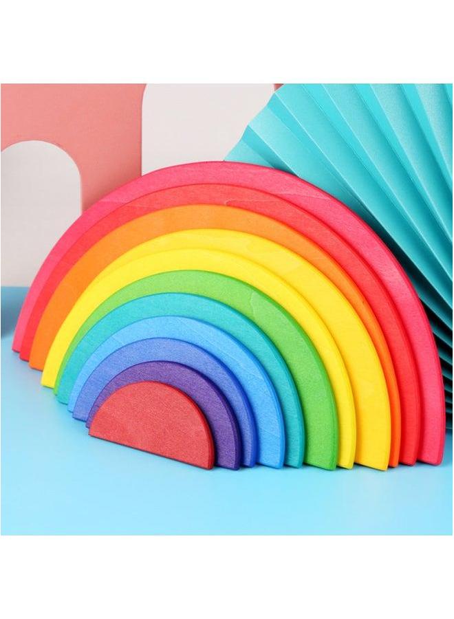 Children's Educational Wooden Rainbow Building Blocks Stacked High And Multi-colored Stone Set Early Education Parent-child Shape Set-Color:Rainbow 11 Pieces Of Semicircle - Image 1