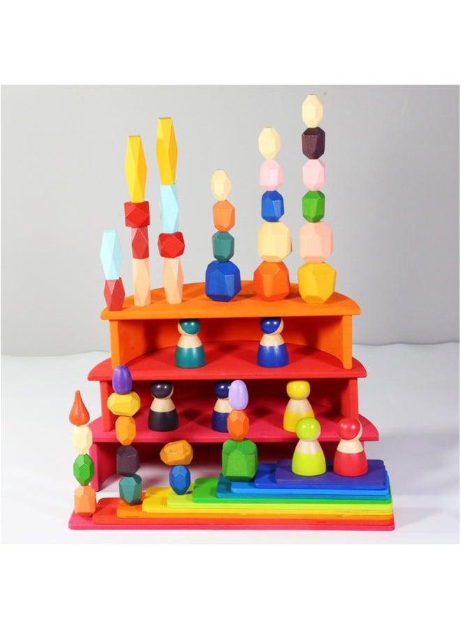 Children's Educational Wooden Rainbow Building Blocks Stacked High And Multi-colored Stone Set Early Education Parent-child Shape Set-Color:Rainbow 11 Pieces Of Semicircle - Image 3