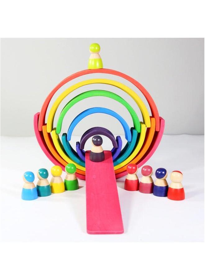 Children's Educational Wooden Rainbow Building Blocks Stacked High And Multi-colored Stone Set Early Education Parent-child Shape Set-Color:Rainbow 11 Pieces Of Semicircle - Image 4