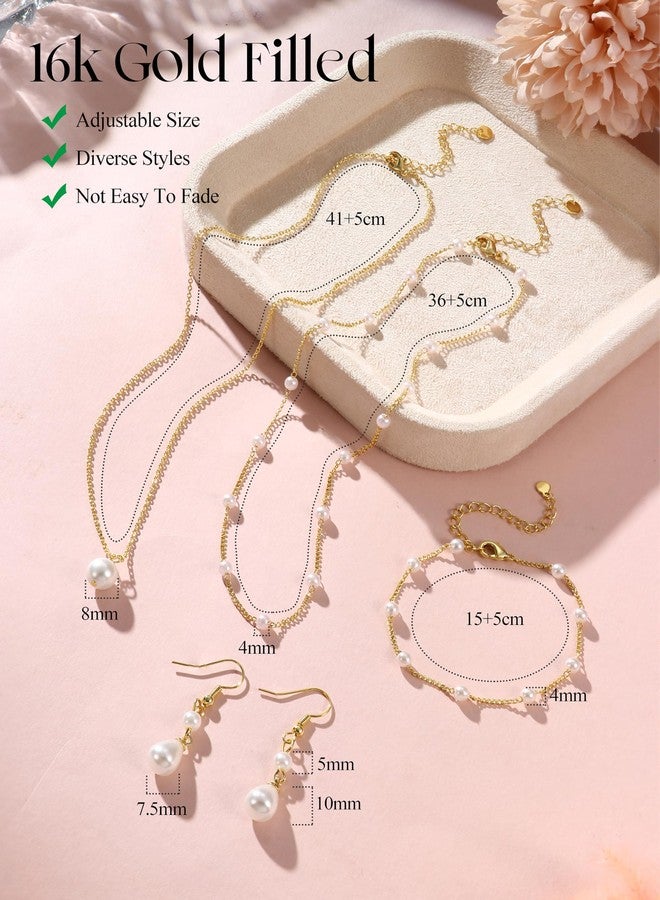 YADOCA Gold Jewelry Set for Women - 16K Gold Plated Pearl Necklace and Earring Set With Drop Earrings,Charm Layered Necklace,Adjustable Bracelets - Dainty Women's Pearl Jewelry Sets For Wedding Gifts - Image 3