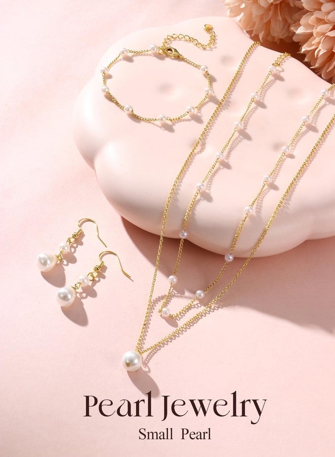 YADOCA Gold Jewelry Set for Women - 16K Gold Plated Pearl Necklace and Earring Set With Drop Earrings,Charm Layered Necklace,Adjustable Bracelets - Dainty Women's Pearl Jewelry Sets For Wedding Gifts - Image 5