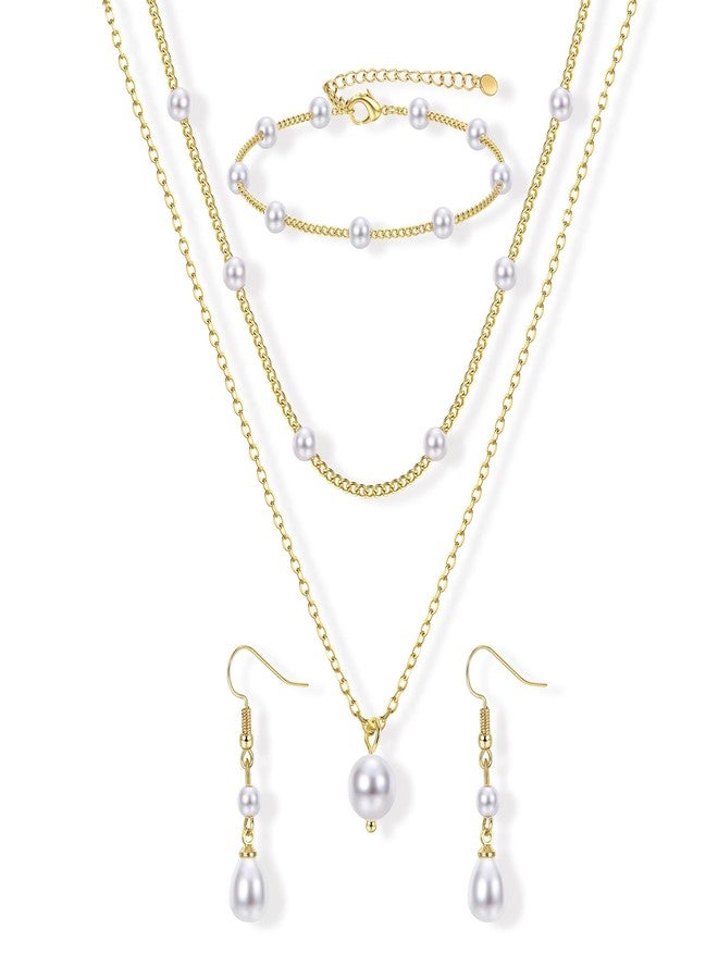 YADOCA Gold Jewelry Set for Women - 16K Gold Plated Pearl Necklace and Earring Set With Drop Earrings,Charm Layered Necklace,Adjustable Bracelets - Dainty Women's Pearl Jewelry Sets For Wedding Gifts - Image 1