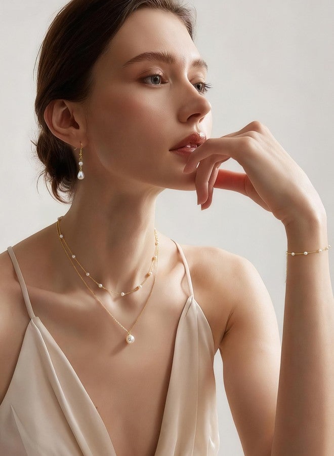 YADOCA Gold Jewelry Set for Women - 16K Gold Plated Pearl Necklace and Earring Set With Drop Earrings,Charm Layered Necklace,Adjustable Bracelets - Dainty Women's Pearl Jewelry Sets For Wedding Gifts - Image 4