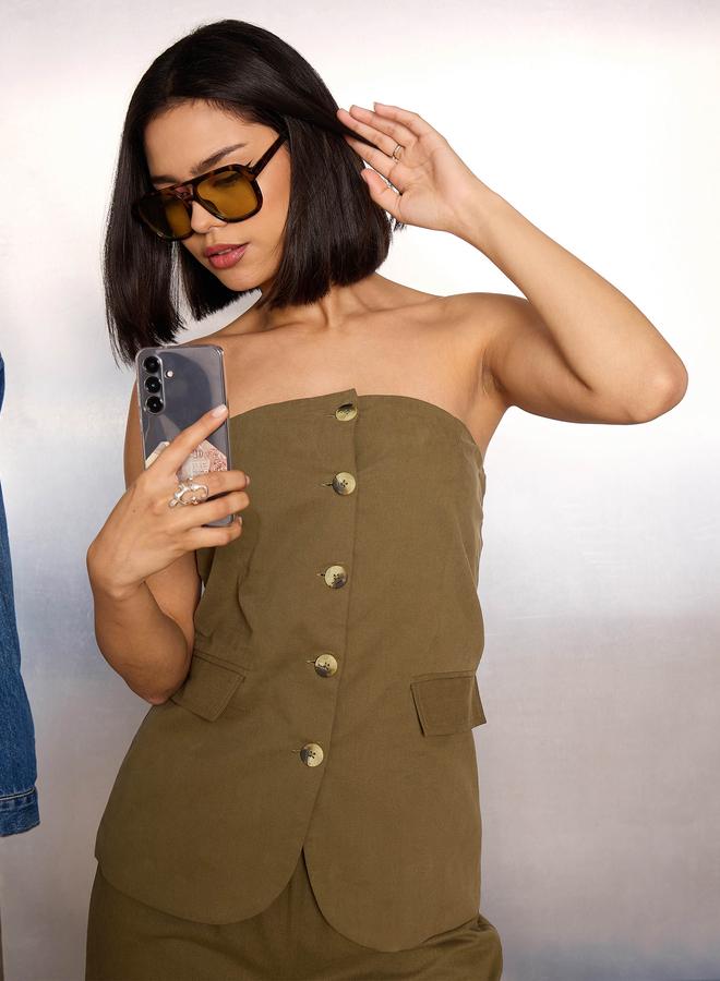 SASSAFRAS Olive Bandeau Neck Button-Down Top - Image 1