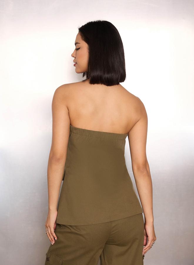 SASSAFRAS Olive Bandeau Neck Button-Down Top - Image 5