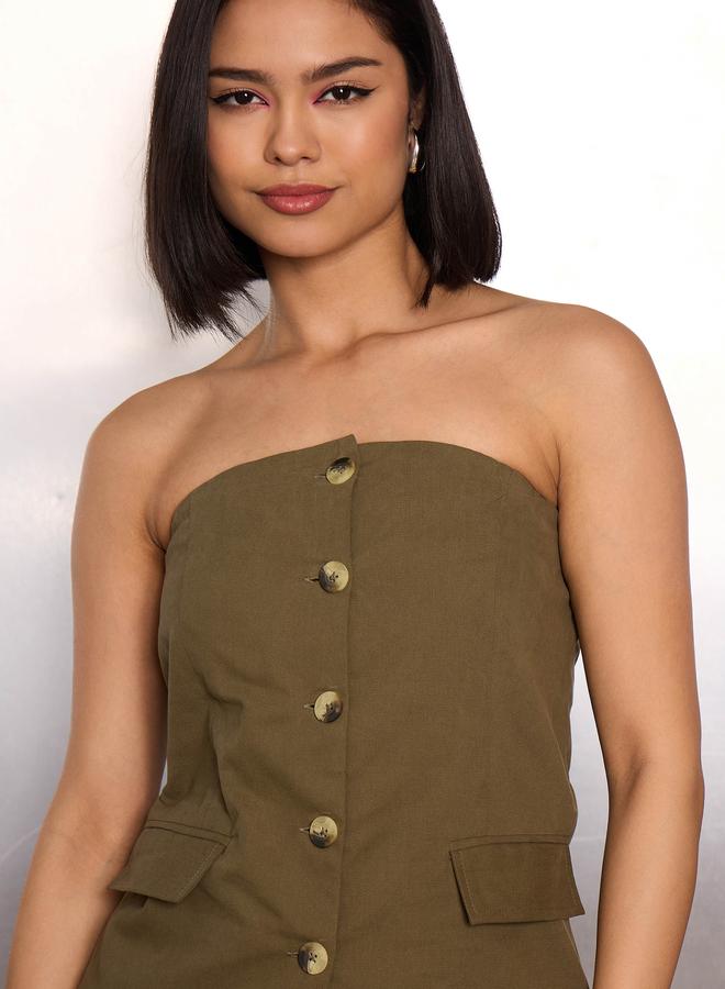 SASSAFRAS Olive Bandeau Neck Button-Down Top - Image 4