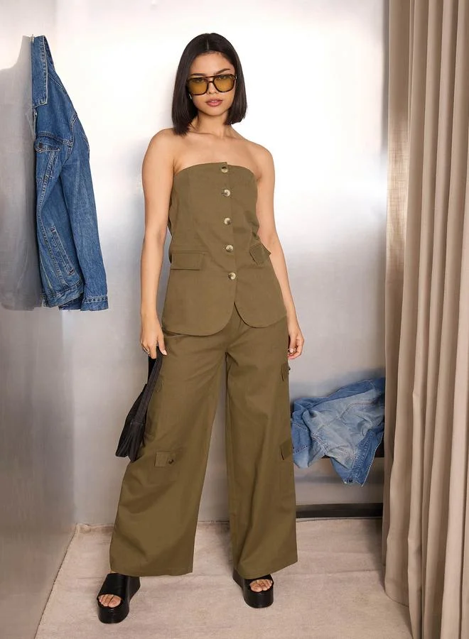 SASSAFRAS Olive Bandeau Neck Button-Down Top