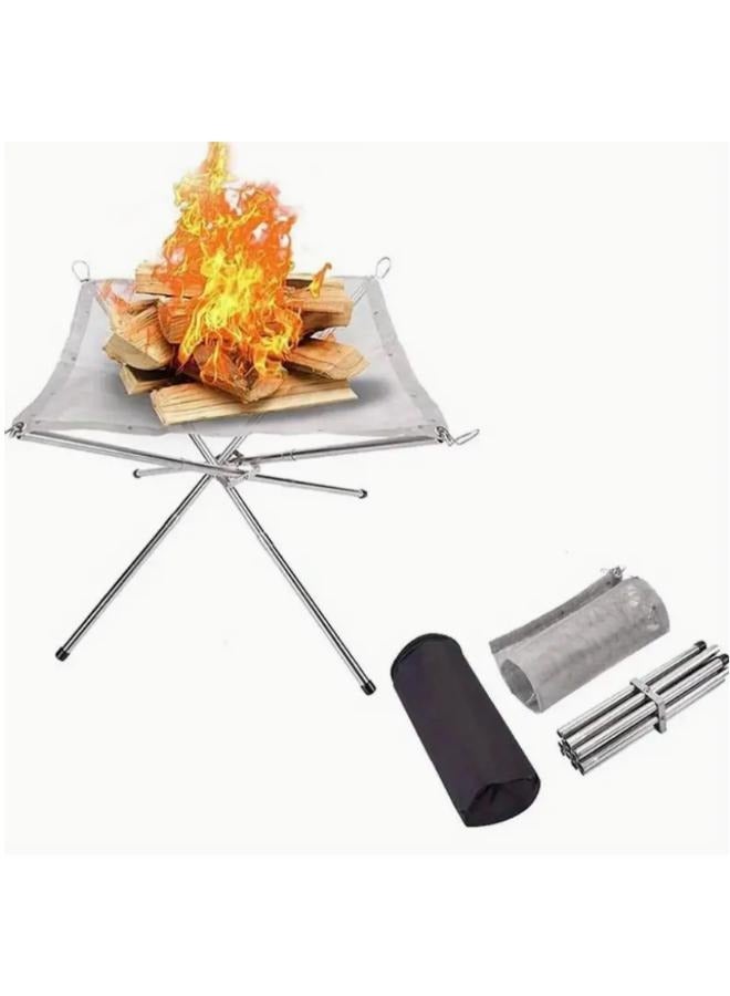 56cm Portable Folding Steel Mesh Camping Fire Pit - Durable Stainless Steel Wood Burning Bonfire Rack with Carrying Bag for Outdoor Adventures - Image 1