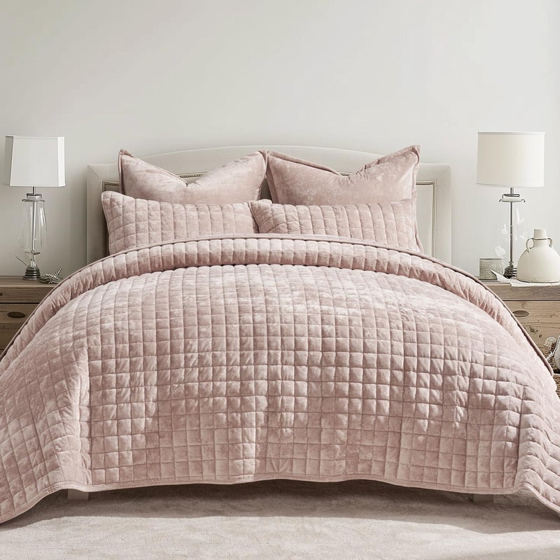 RECYCO Luxury Velvet Quilt Set King Size Bedding Sets, Ultra Soft Velvet Comforter Set, Lightweight Channel Box Stitch Oversized Bedspread Coverlet for All Season, with 2 Shams, Rose Pink - Image 1