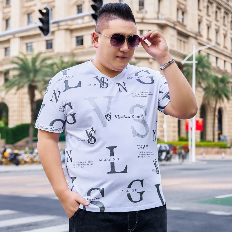 Full Body English Printed Short-Sleeved T-Shirt For Men Plus Fat Plus Size Elastic White T-Shirt For Men Export - Image 3