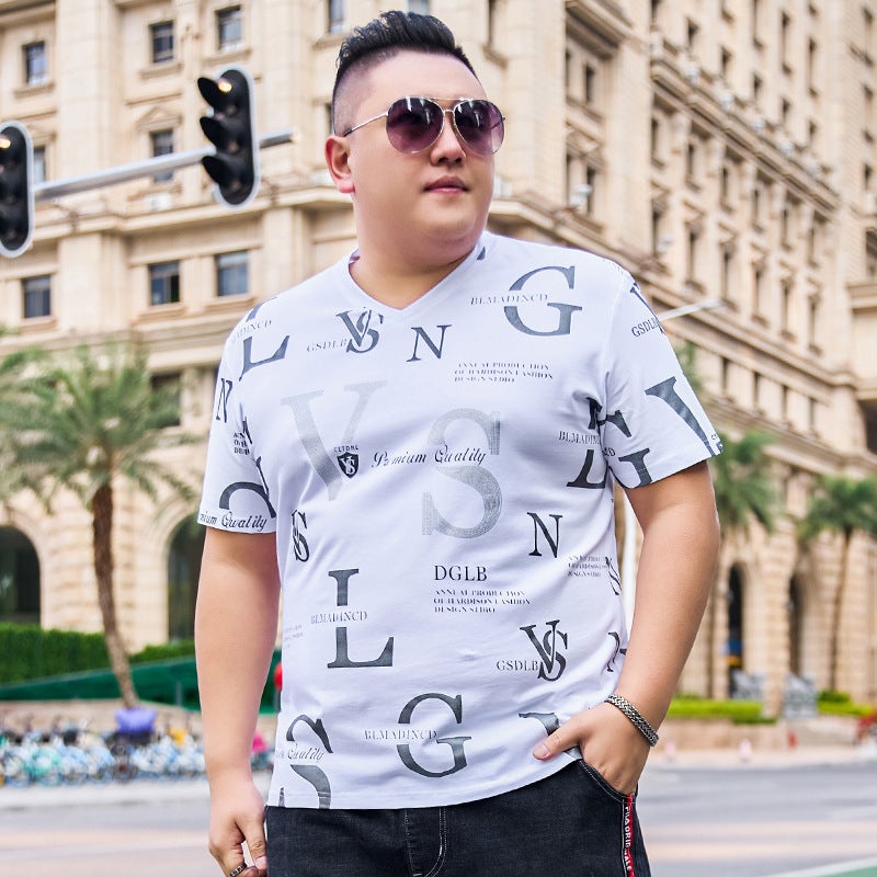 Full Body English Printed Short-Sleeved T-Shirt For Men Plus Fat Plus Size Elastic White T-Shirt For Men Export - Image 2