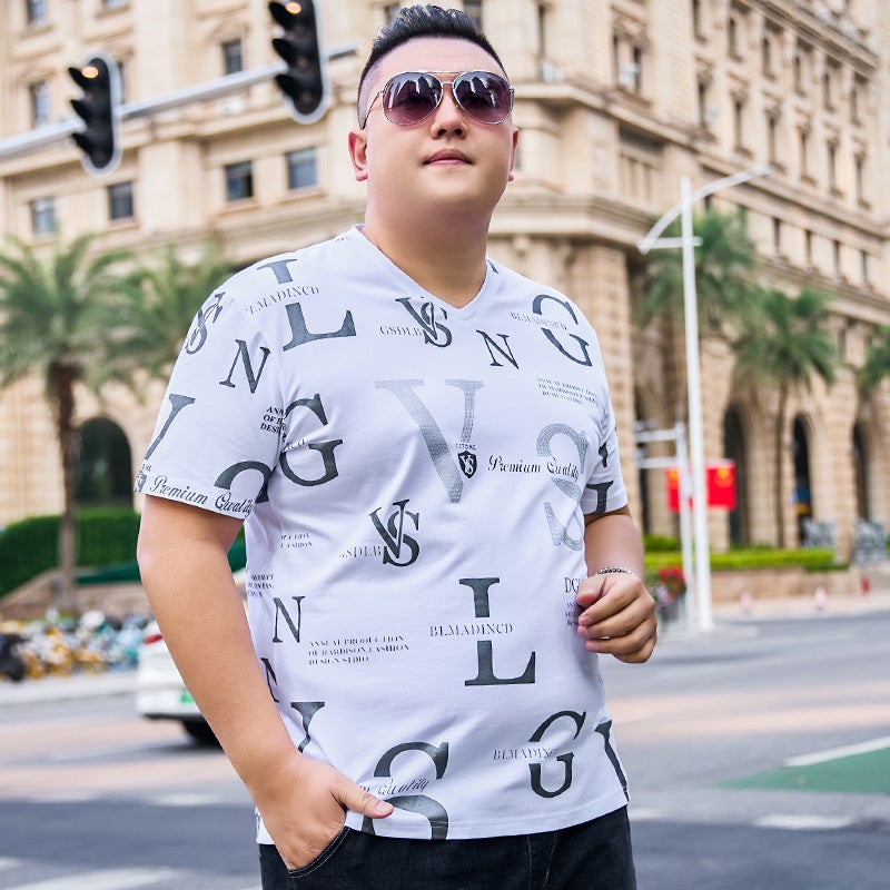 Full Body English Printed Short-Sleeved T-Shirt For Men Plus Fat Plus Size Elastic White T-Shirt For Men Export - Image 4