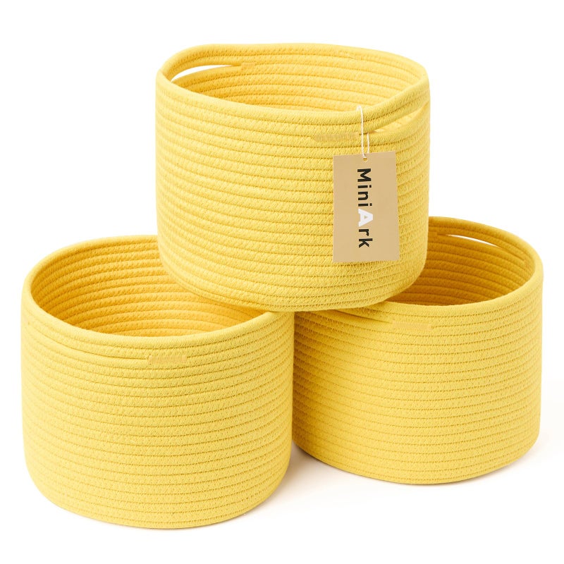MiniArk Small Basket for Organizing | Cube Shelf Closet Storage Baskets | 9.7Ã—9.7Ã—7.1â€ | Woven Rope Gift Basket | Nursery | Round 3 Packs Yellow - Image 1