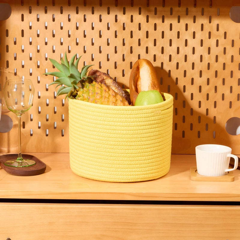 MiniArk Small Basket for Organizing | Cube Shelf Closet Storage Baskets | 9.7Ã—9.7Ã—7.1â€ | Woven Rope Gift Basket | Nursery | Round 3 Packs Yellow - Image 5