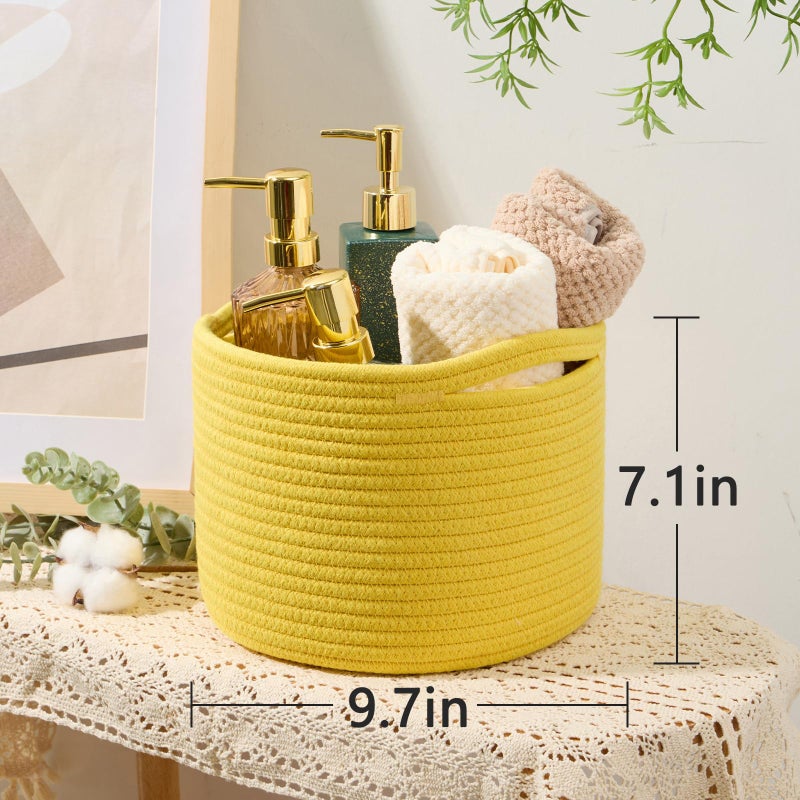 MiniArk Small Basket for Organizing | Cube Shelf Closet Storage Baskets | 9.7Ã—9.7Ã—7.1â€ | Woven Rope Gift Basket | Nursery | Round 3 Packs Yellow - Image 3