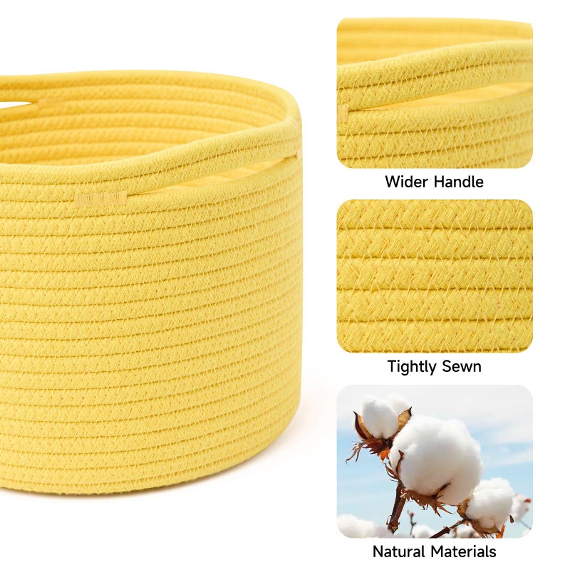 MiniArk Small Basket for Organizing | Cube Shelf Closet Storage Baskets | 9.7Ã—9.7Ã—7.1â€ | Woven Rope Gift Basket | Nursery | Round 3 Packs Yellow - Image 2