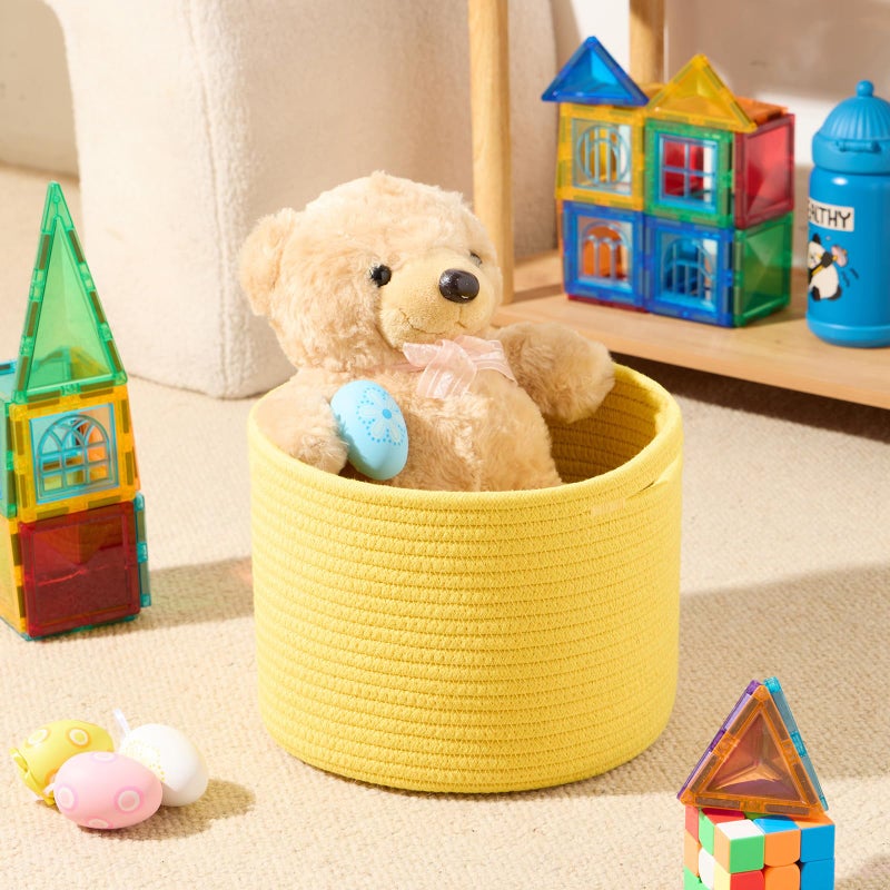 MiniArk Small Basket for Organizing | Cube Shelf Closet Storage Baskets | 9.7Ã—9.7Ã—7.1â€ | Woven Rope Gift Basket | Nursery | Round 3 Packs Yellow - Image 4
