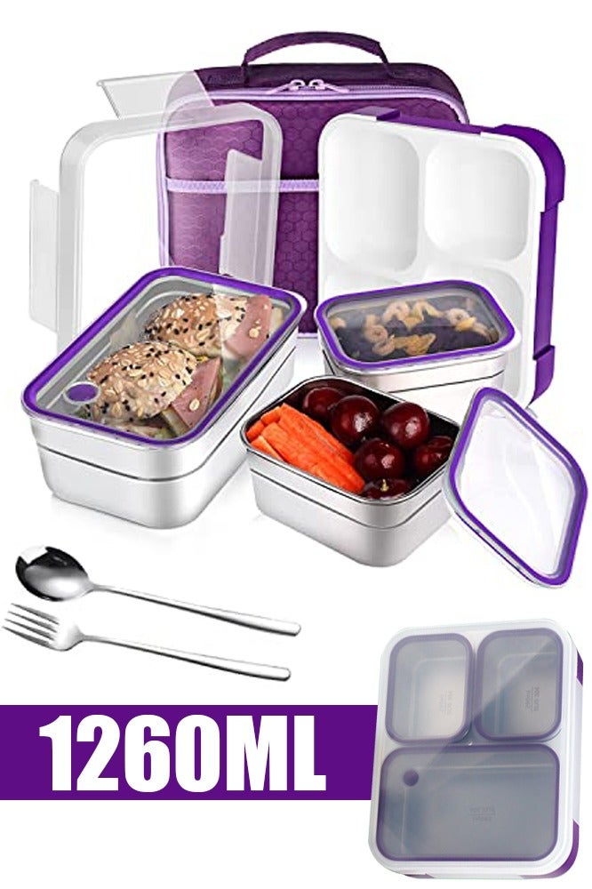 تابيت صندوق غداء مدرسي ١٢٦٠ مل، مصنوع من الفولاذ المقاوم للصدأ، مقاوم للتسرب، بثلاث فتحات، مع حقيبة غداء، وأدوات مائدة، وشوكة، وصندوق بينتو للأطفال والكبار - مصنوع من مواد آمنة غذائيًا (أرجواني، ١٢٦٠ مل) - Image 1