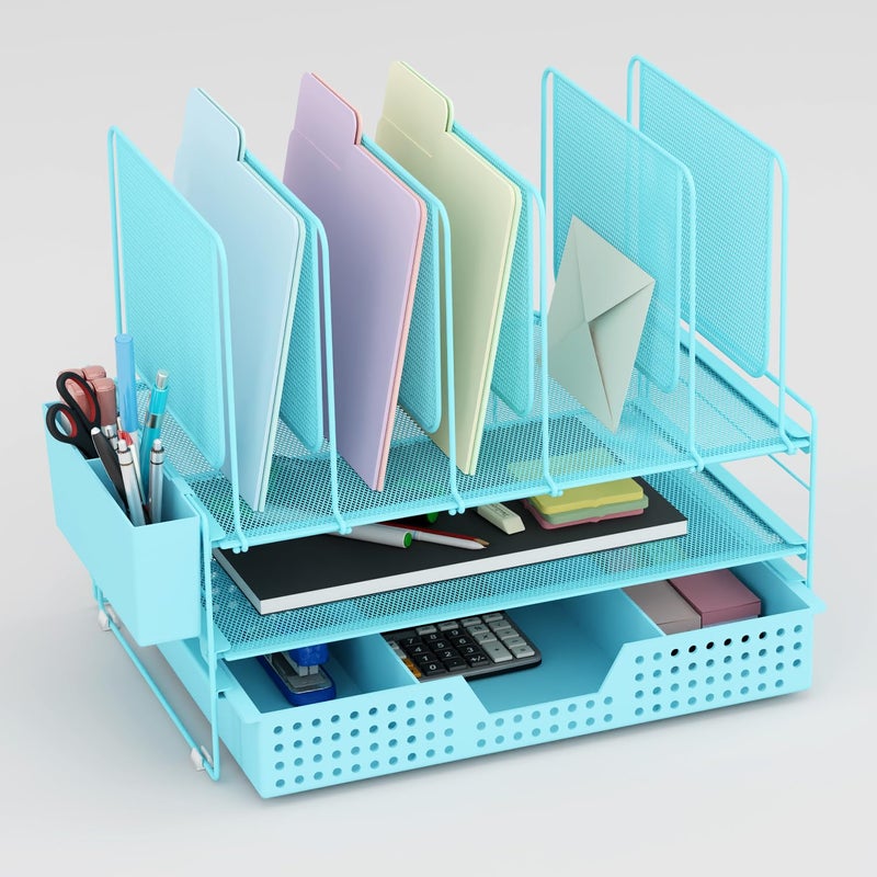 LEKETREE Desk Organizer, Office Organization with Vertical File Holder, File Organizer with Drawer and Pen Holder, Desk Accessories and Workspace Organizers for Home Office (Sky Blue) - Image 1
