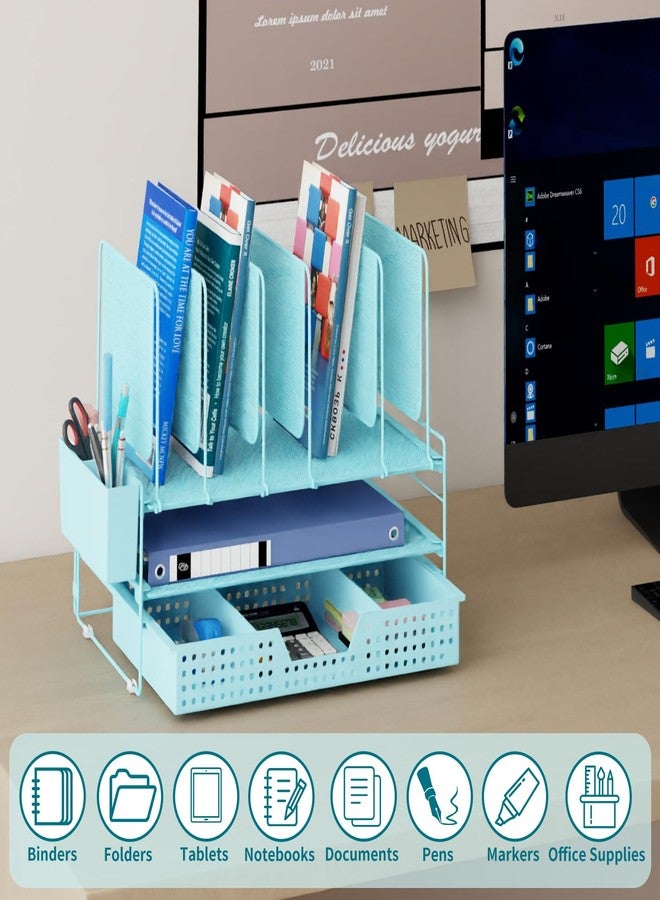 LEKETREE Desk Organizer, Office Organization with Vertical File Holder, File Organizer with Drawer and Pen Holder, Desk Accessories and Workspace Organizers for Home Office (Sky Blue) - Image 2