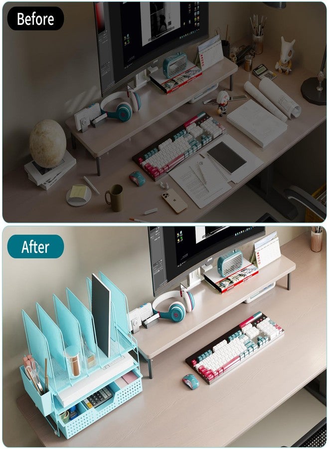 LEKETREE Desk Organizer, Office Organization with Vertical File Holder, File Organizer with Drawer and Pen Holder, Desk Accessories and Workspace Organizers for Home Office (Sky Blue) - Image 4
