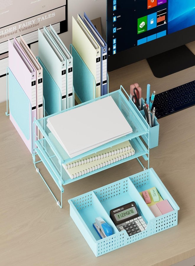 LEKETREE Desk Organizer, Office Organization with Vertical File Holder, File Organizer with Drawer and Pen Holder, Desk Accessories and Workspace Organizers for Home Office (Sky Blue) - Image 3