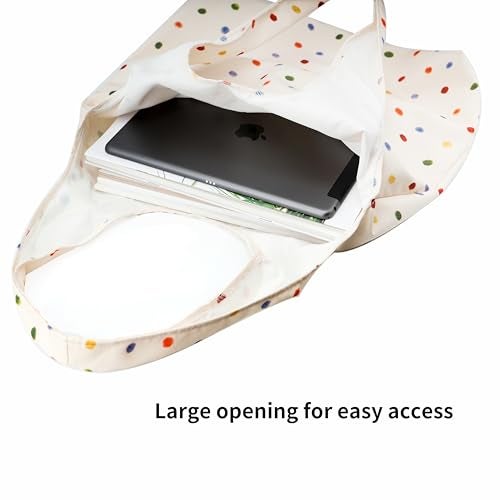 REDSINDA Canvas Tote Bag, Large Capacity Shoulder Bag with Inner Pockets, Foldable Shopping Bag (Colorful Dots) - Image 4