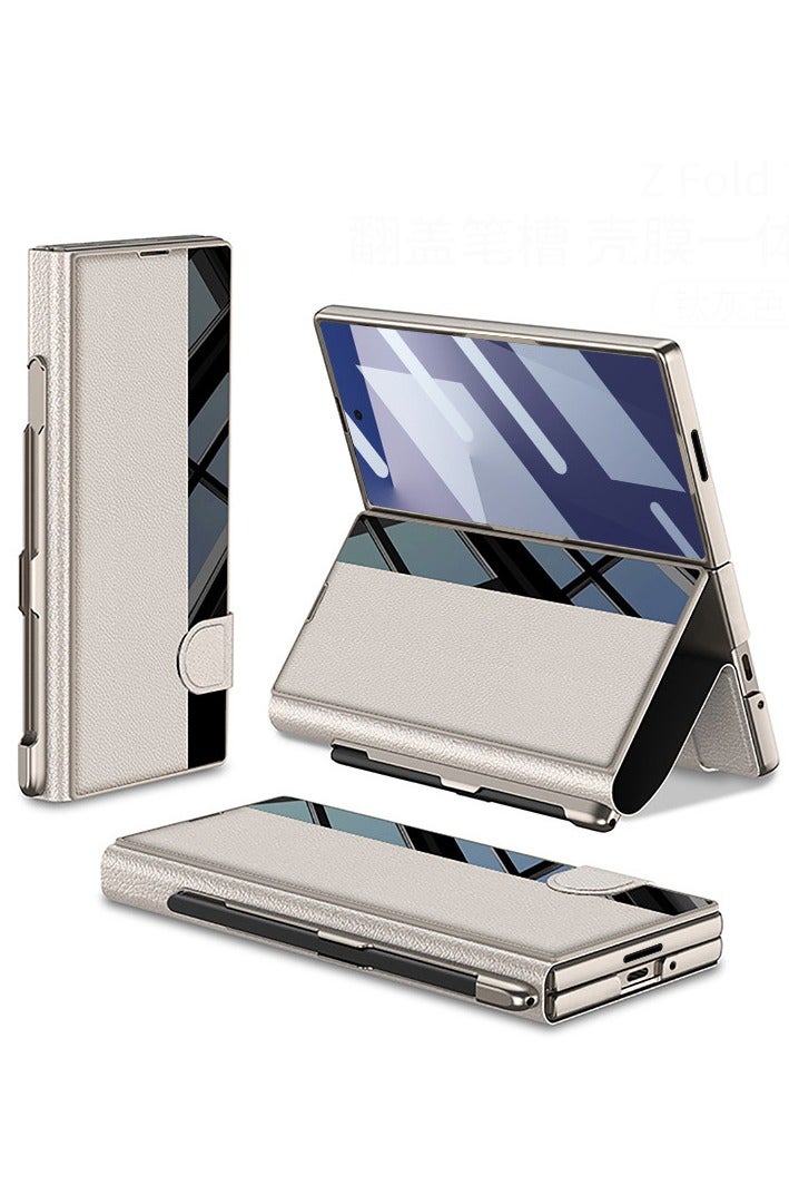 عام غطاء سامسونج جالكسي Z فولد 7 - جلد صناعي مغناطيسي، مقاوم للصدمات، مع حامل قلم S ووظيفة الحامل، وواقي شاشة مدمج.