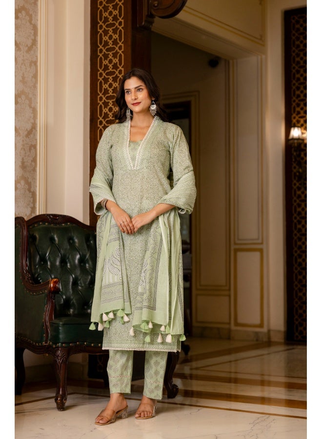 Rangeelo Green Floral Printed Kurta Set for Women - Image 1