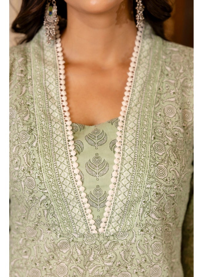 Rangeelo Green Floral Printed Kurta Set for Women - Image 4