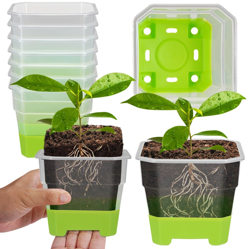 Aobiono 10 Packs 4 Inch Clear Nursery Pots with Reinforced Silicone Base for Easy Transplant Reusable Seed Starter Seedling Small Plant Flower Pots with Drainage Green 10 Packs - Image 2