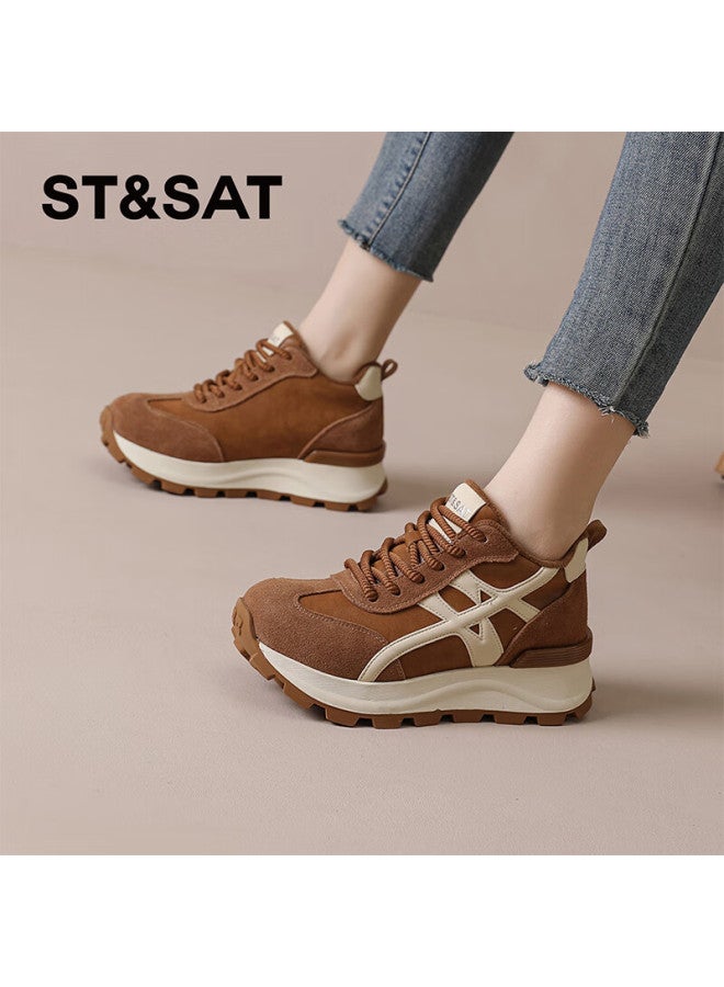 St&sat Fashion Fleece-lined Dad Sneakers Women High-top Thick-soled Trainer Shoes Comfortable Versatile Casual Sports Shoes Brown Size 40 - Image 4