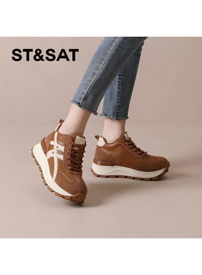 St&sat Fashion Fleece-lined Dad Sneakers Women High-top Thick-soled Trainer Shoes Comfortable Versatile Casual Sports Shoes Brown Size 40 - Image 2