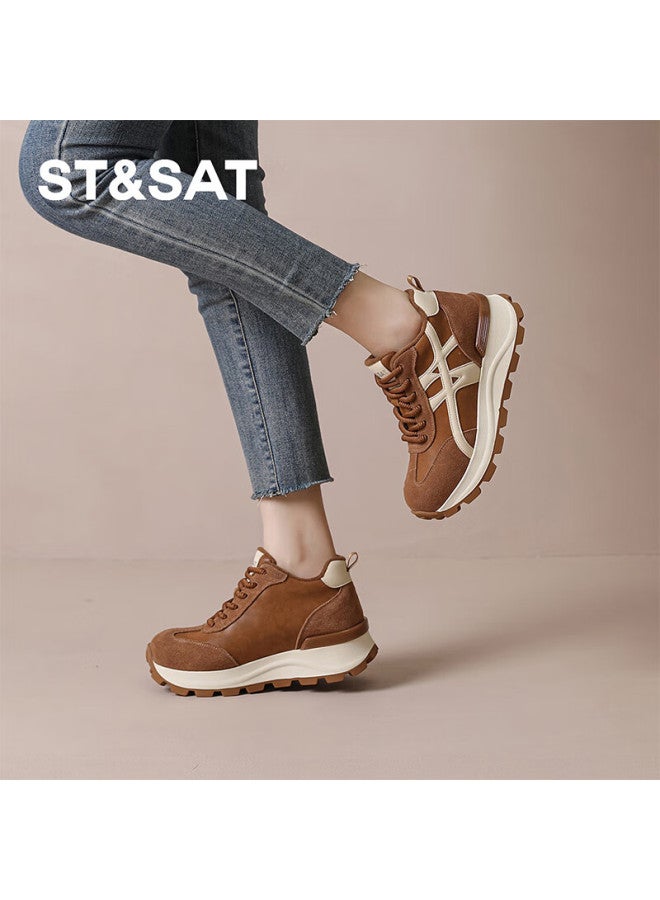 St&sat Fashion Fleece-lined Dad Sneakers Women High-top Thick-soled Trainer Shoes Comfortable Versatile Casual Sports Shoes Brown Size 40 - Image 3
