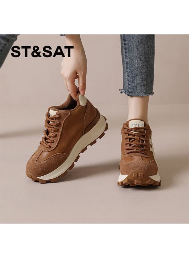 St&sat Fashion Fleece-lined Dad Sneakers Women High-top Thick-soled Trainer Shoes Comfortable Versatile Casual Sports Shoes Brown Size 40 - Image 1