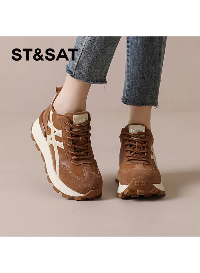St&sat Fashion Fleece-lined Dad Sneakers Women High-top Thick-soled Trainer Shoes Comfortable Versatile Casual Sports Shoes Brown Size 40 - Image 5