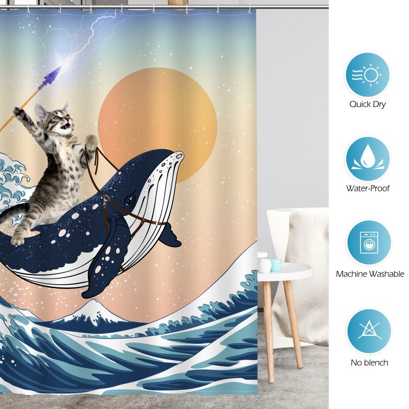 Aimego Funny Shower Curtain Brave Cat Holding Trident Arrow Riding Shark in Ocean Wave, Whale Cat Shower Curtain Set with 12 Hooks for Bathroom Decor Accessories Bathtub Curtain, 72"x72" - Image 5
