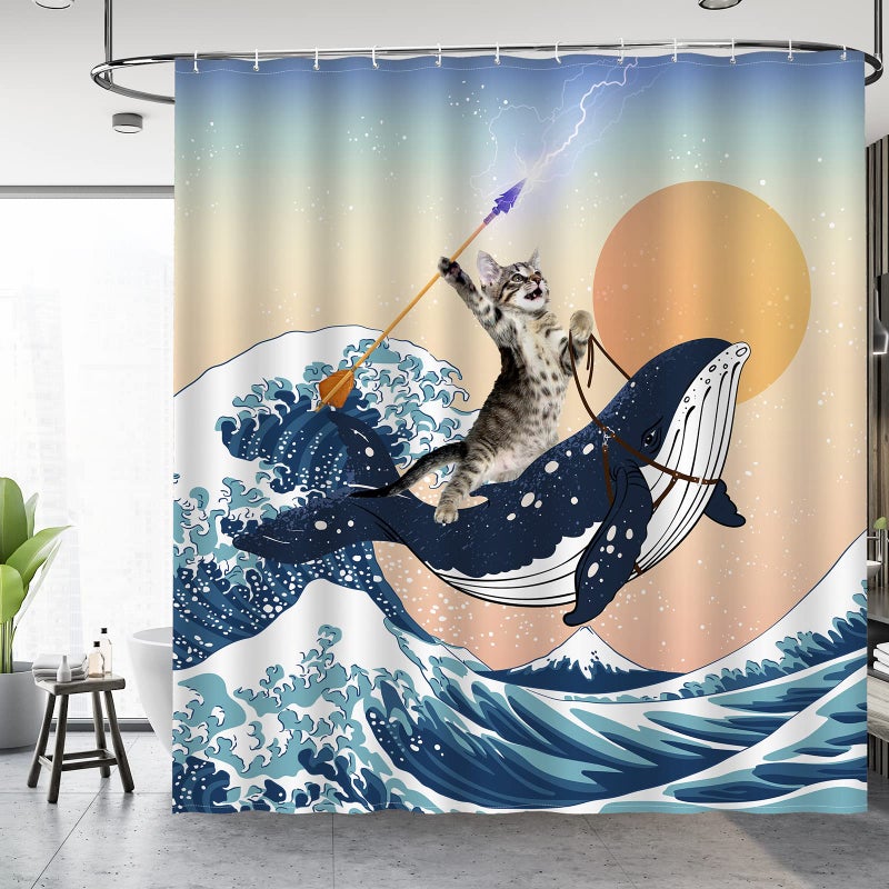 Aimego Funny Shower Curtain Brave Cat Holding Trident Arrow Riding Shark in Ocean Wave, Whale Cat Shower Curtain Set with 12 Hooks for Bathroom Decor Accessories Bathtub Curtain, 72"x72" - Image 2