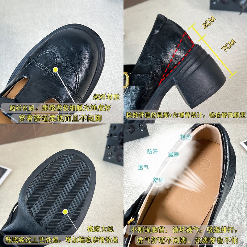 Small Size Height-Increasing Mary Jane Shoes Thick-Soled Thick-Heeled British Style Retro Small Leather Shoes Genuine Leather Loafers Round-Toe Flats For Women - Image 4