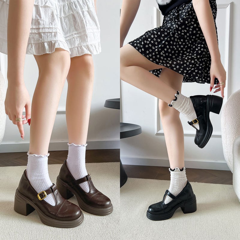 Small Size Height-Increasing Mary Jane Shoes Thick-Soled Thick-Heeled British Style Retro Small Leather Shoes Genuine Leather Loafers Round-Toe Flats For Women - Image 5