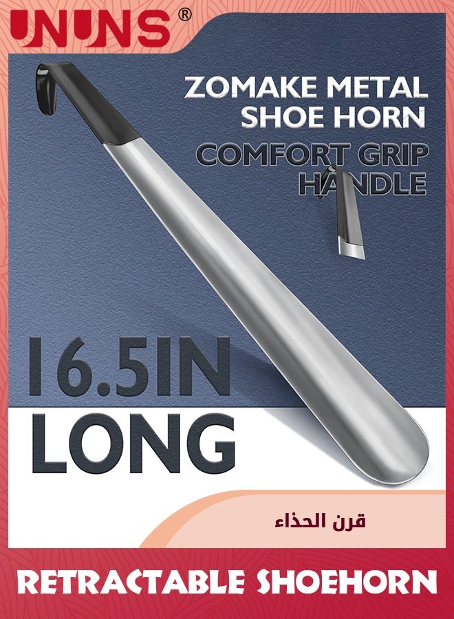 UNUNS لبيسة حذاء معدنية، مقبض طويل لبيسة حذاء لكبار السن والرجال والنساء والأطفال، مساعد لبيسة الحذاء للأحذية، قطعتان، طول 16.5 بوصة، مقاس السفر 7.3 بوصة - Image 2
